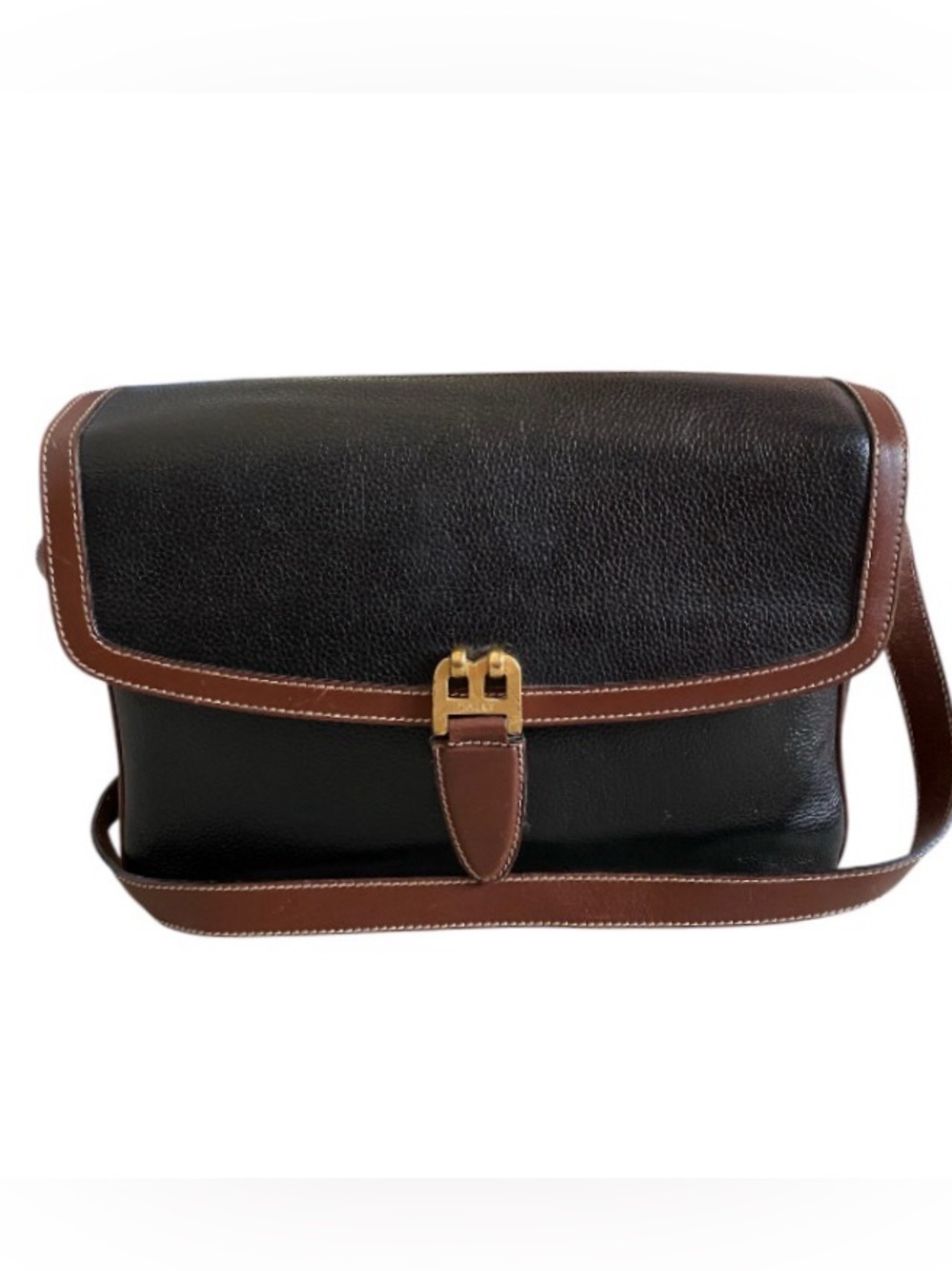 Bally Vintage flap over pebble leather black/brown shoulder bag